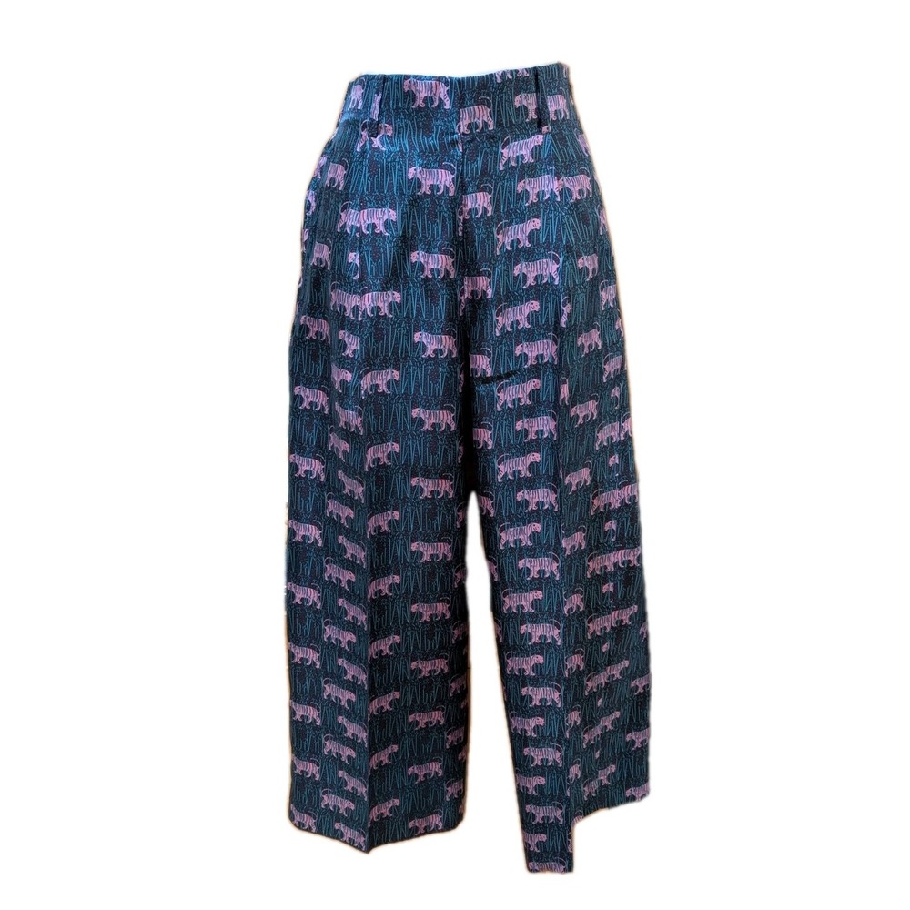 J.CREW Women's Silk Wide Leg Pant High Rise Side Zip Jungle Tiger Print Size 2
